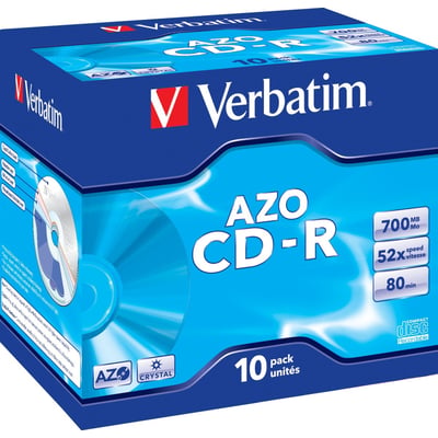 Verbatim CD-R-medier med AZO, 700 MB og 52x skrivehastighed, vist på den blå emballage.