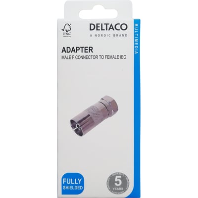 Deltaco koaksialkabeladapter med F-han og IEC-hun vist på emballagen med adapteren afbildet.