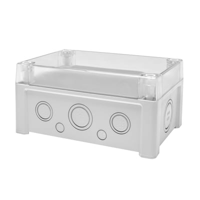 Fibox Tempo kasse TPCM191209T lukket, med transparent låg og grå bund, viser metriske indgange på siden.