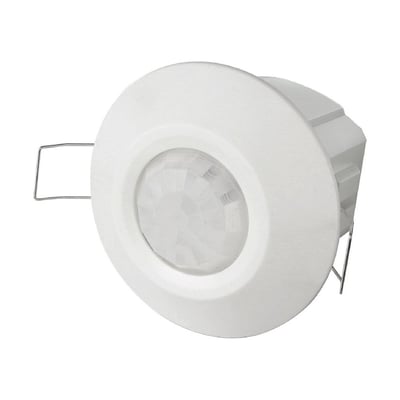 SpectrumLED HIR-21 PIR-sensor til nedsænket montering, set skråt forfra med rund, hvid front og sensorlinse.