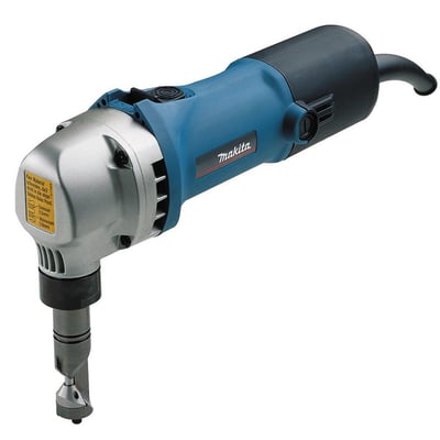 Makita JN1601 pladenipler med ledning, viser slankt design og informationslabel på tysk.