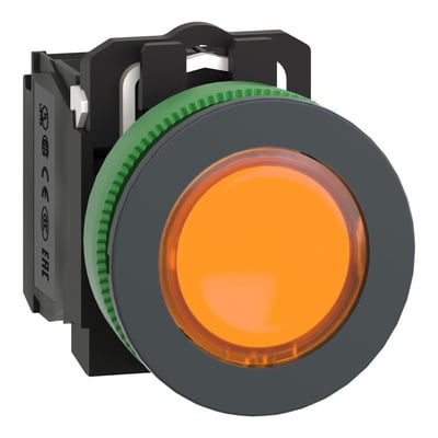 Bagfra set på Schneider Electric orange flush lampetryk med 24V LED og 1NO+1NC kontakter, samt certificeringsmærker.