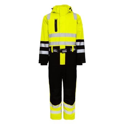 Lyngsøe Rainwear 4WS vinterdragt i gul og sort, str. XXL, set forfra med hætte, bælte og refleksbånd.