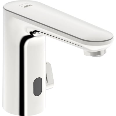 Oras Electra 9260FZ berøringsfrit håndvaskarmatur i krom, med synlig sensor og Oras logo. Armaturet er klassisk designet med en rund base og en lang tud.