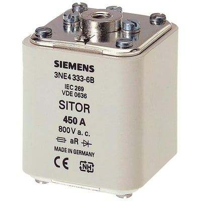 Siemens SITOR NH0 sikring med mærkeplade og beskyttelsesindikator, 450A, 800V a.c. og indvendigt gevind.
