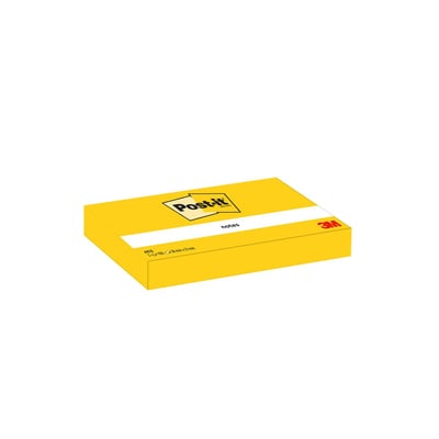 Emballagen til en 3M Post-it-blok 653 i Canary Yellow, 38 x 51 mm, set skråt med Post-it-logoet på låget.