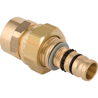 Geberit RG Mepla-union med muffe, 32 mm x 1¼″, set skråt med muffe og tætningsringe synlige.