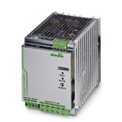 Detaljeret billede af Phoenix Contact QUINT POWER strømforsyning med SFB Technology, viser mærkater for input, output og indikatorlys.