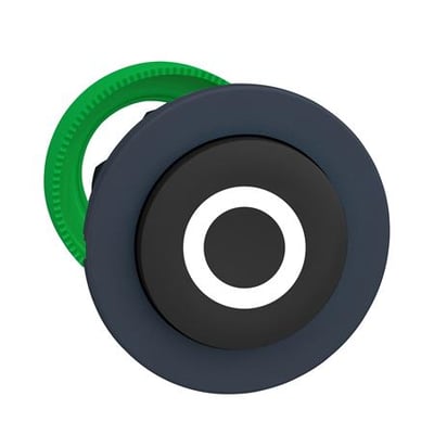 Schneider Electric Harmony XB5/ZB5 flush trykknap i sort med hvidt "O" mærke og en grøn monteringsring. Trykknappen har et ophøjet design.