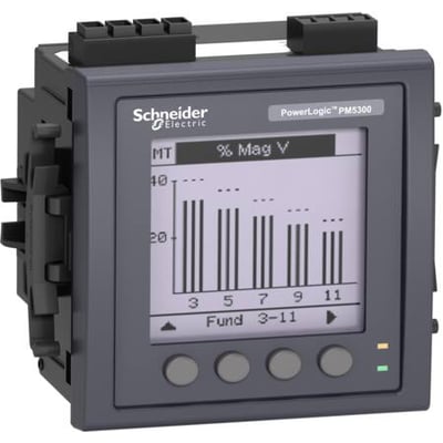 Schneider Electric PowerLogic PM5300powermeter med grafisk display, der viser spændingsharmoniske og knapper til navigation.