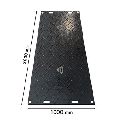 Heavy Duty køreplade i sort 300x100 cm med en tykkelse på 2,2 cm, vist med dimensioner og skridsikker diamantmønster.