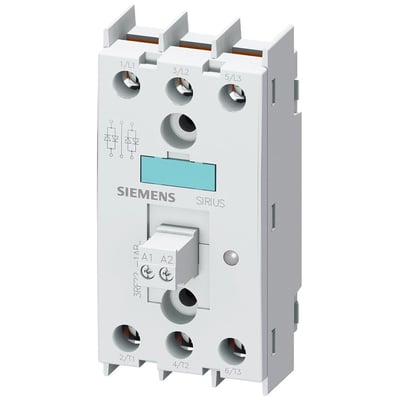 Siemens SIRIUS 3RF22 3-faset solid-state relæ, 55A, hvidt, med tydelige terminalmærkninger som 1/L1, 3/L2, 5/L3 og A1/A2.