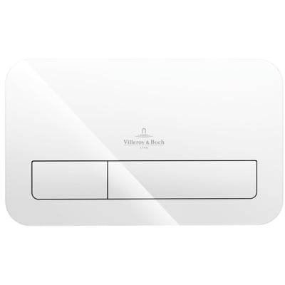 Hvid Viconnect M200-betjeningsplade i glas fra Villeroy & Boch med to skylleknapper og afrundede hjørner.