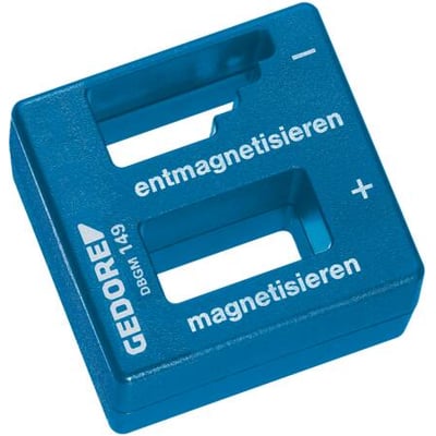 Gedore magnetiserings- og afmagnetiseringsblok i blå plast, med tydelige mærker for magnetisering og afmagnetisering.