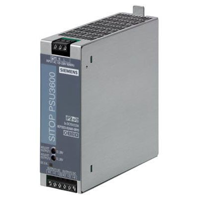 Siemens SITOP PSU3600 stabiliseret strømforsyning med 120-230V AC indgang og 15V/3.5A udgang, set fra siden.