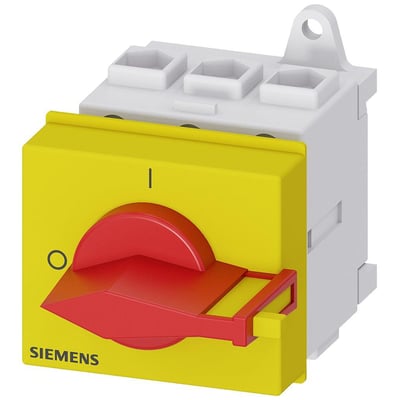 Siemens SENTRON 3LD nødstopafbryder på 32 A med gul front, rød drejeknap og hvidt afbryderhus.