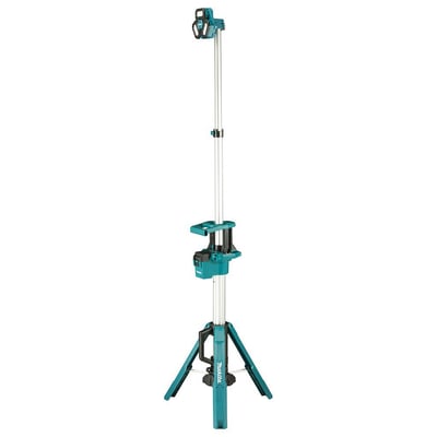Makita LED arbejdslampe DEADML814 med trebenet stativ, viser batteriholder uden batteri.