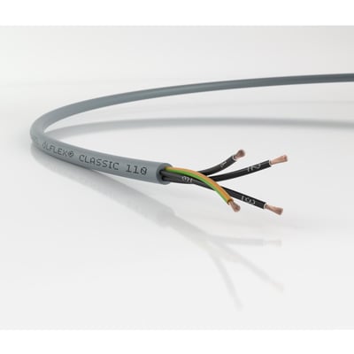 Gråt Lapp Olflex Classic 110 kabel med tre ledere, 3G1,5, hvor de indre ledere med kobbertråde er synlige.