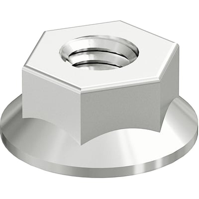 Wibe Defem flangemøtrik M8 FZV med sølvfarvet, galvaniseret overflade, set skråt ovenfra med flange og synligt gevind.