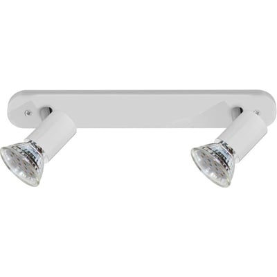 EGLO mini spotskinne i hvid metal med to justerbare LED-spotlamper og en længde på 29,5 cm.