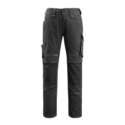 Mascot Mannheim servicebukser i sort, set forfra med synlige CORDURA® knælommer og gul kontrasttråd på sømmene.
