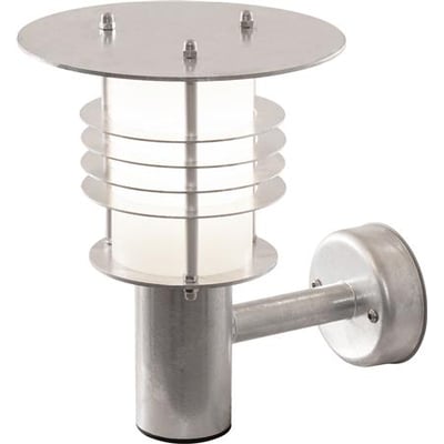 Trolle væglampe i galvaniseret stål med E27 fatning, Klasse I. IP44 og IK10-klassificering. Lampen har et rundt, diffust lys og et robust design til udendørs brug.