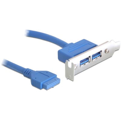 DeLOCK internt USB 3.0-kabel i blå med IDC20-stik og PCI-lavprofil-dækplade med to USB-A-porte, set skråt.