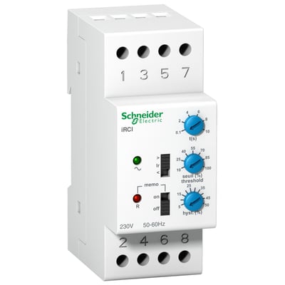 Schneider Electric iRCI strømrelæ til 230V med 8A og 1CO, hvidt plastikhus med blå drejeknapper og indikatorlamper.