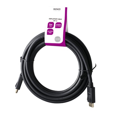 Sort Deltaco DisplayPort-kabel med DP 1.4, 5 meters længde og hanstik i begge ender, oprullet med mærkat.