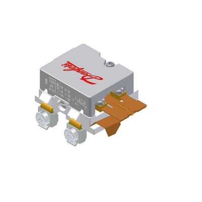 Danfoss SPDT-kontakt til RT-systemer med mærkning for AC og DC belastning, vist på hvid baggrund.