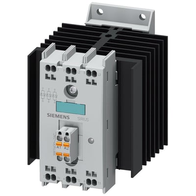 Siemens 3RF2 solid-state kontaktor i 3-faset design med 20A, 48-600V og fjederklemme tilslutning, udstyret med køleplade.