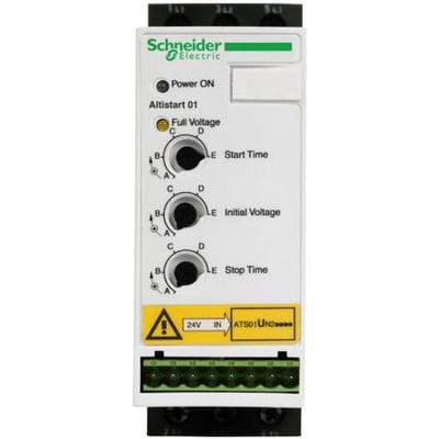 Schneider Electric Altistart 01 softstarter med knapper til starttid, startspænding og stoppetid, samt lysindikatorer for strøm.