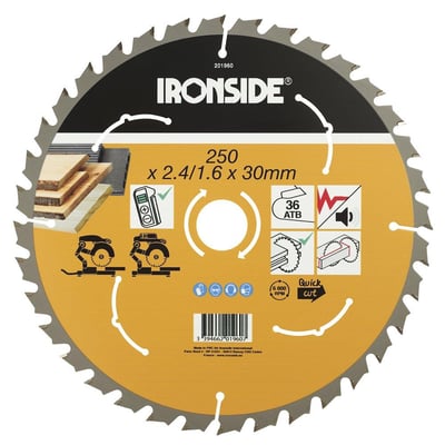 Ironside rundsavklinge til træ med sølvfarvede tænder og sort og gul mærkning; 250 mm, 30 mm hul og 36 tænder.