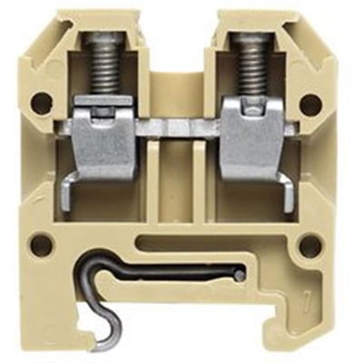 Detaljeret billede af Weidmüller AKZ 4 PA gennemgangsklemme, der viser skruerne og lederfastgørelsen i beige termoplast.