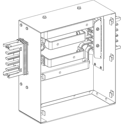 Schneider Electric Canalis KS midtertilgangsboks, 400A, KSA400ABT4, i teknisk tegning med hvid overflade og synlige komponenter.