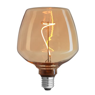 Tæt på en Brandy globe LED-pære på 4W, 1800K, med E27 fatning, vist isoleret på hvid baggrund.