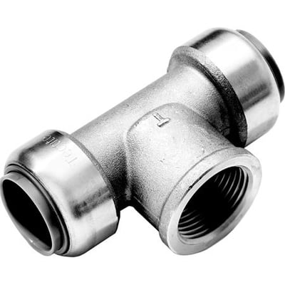 Roth T-stykke i rustfrit stål med 22 mm indstik til Pex-, CU- og rustfri rør samt 3/4" gevind.