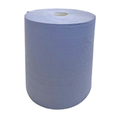 Blå værkstedsrulle i to lag papir med synlig papkerne, 29,5 cm i diameter og 350 meter på rullen.