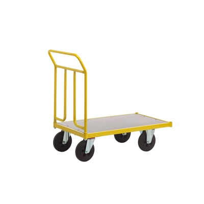 Ravendo Lagervogn TW1250M med gul ramme, mørkbrun bund og sorte massive hjul, vist på hvid baggrund.