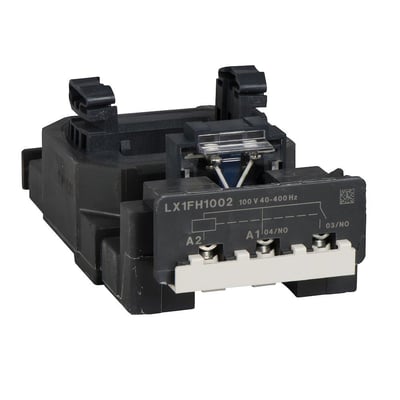 Schneider Electric spole LX1FH1002 til 100V 40-400Hz kontaktorer, viser tilslutningsmuligheder A1, A2 og 03/NO.