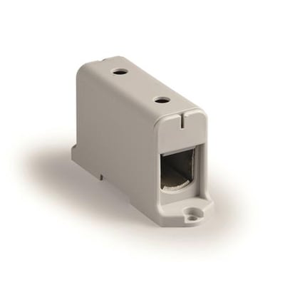 Ensto UNI.35-240Q gennemgangsklemme i grå plast, vist fra siden på hvid baggrund, ideel til 35-240mm² CU/AL kabler.