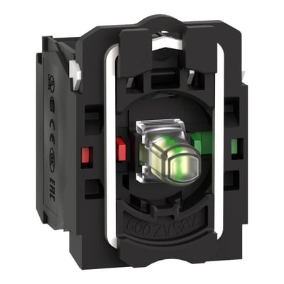 Detaljeret billede af Schneider Electric lampetrykskrop ZB5AW0B15 med hvid LED, viser kontaktblokken med 1NO/1NC kontakter og 24V mærkning.