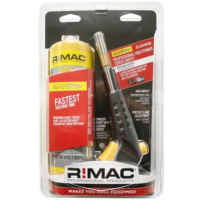 Nærbillede af Rimac MAP PRO blæselampe og gasdåse, fremhæver 'Fastest Heating Time' og 'Professional High Power' funktioner på emballagen.