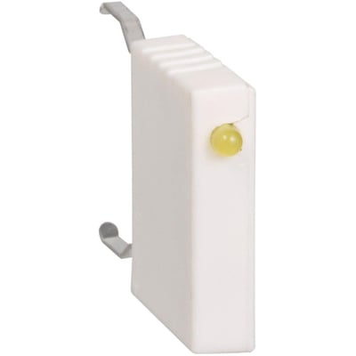 Sidevisning af Schneider Electric LA4KC1B diode med gul indikatorlampe og monteringsklemmer til 12-24V DC.