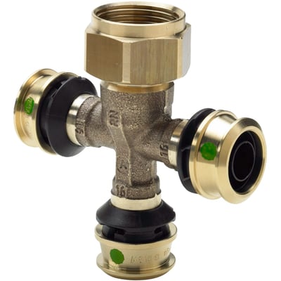 Viega Raxofix fordeler med 3 afgreninger og 16 mm tilslutning, fremstillet af rødgods med SC-Contur og indbygget støttebøsning.