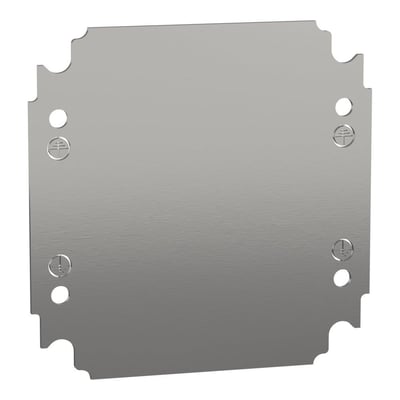 Nærbillede af Schneider Electric montageplade i stål, 200 x 200 mm, viser skruehuller og takkede kanter.
