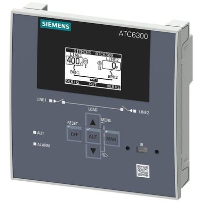 Siemens SENTRON 3KC ATC6300 overførselskontrolenhed med LCD display, viser 400V på LINE 1 og 0V på LINE 2.