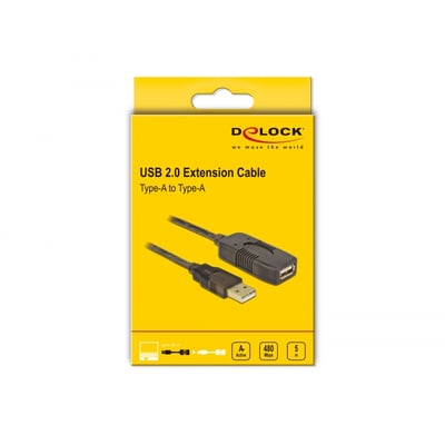 DeLock USB 2.0 Extension Cable, aktiv, 5 m, type-A til type-A, vist i sin gule detailpakke med produktinformation.