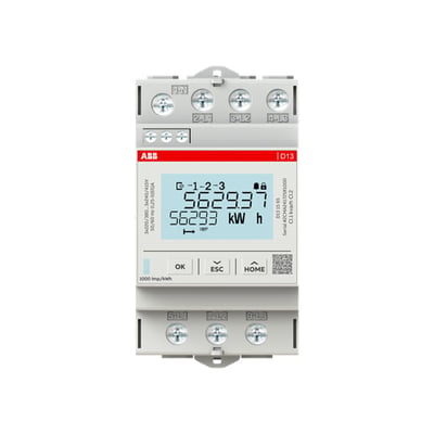 ABB D13 3-faset energimåler til direkte måling op til 65A, vist med digital skærm og knapper på hvid baggrund.