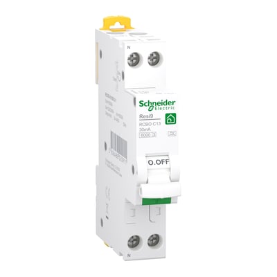 Schneider Electric Resi9 RCBO-kombiafbryder, 1P+N, 13 A og 30 mA, set skråt med tilslutninger og afbrydergreb.